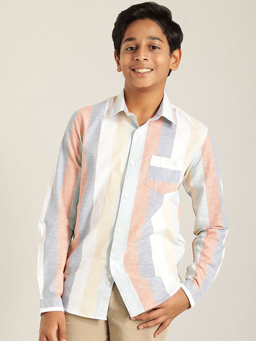 

Indian Terrain Boys Classic Opaque Striped Pure Cotton Casual Shirt, Blue