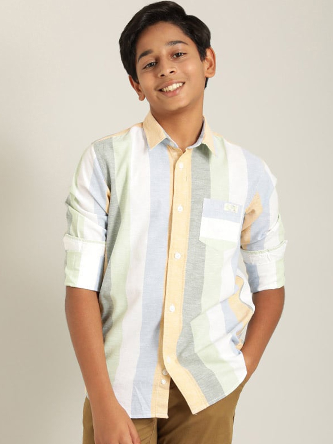 

Indian Terrain Boys Classic Opaque Striped Pure Cotton Casual Shirt, Green