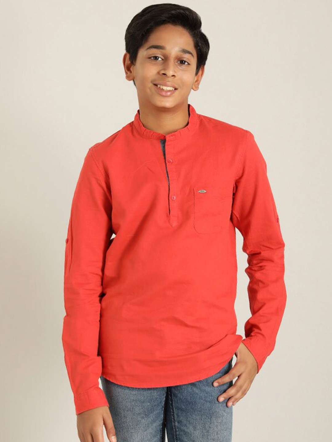 

Indian Terrain Boys Classic Mandarin Collar Pure Cotton Shirt, Red
