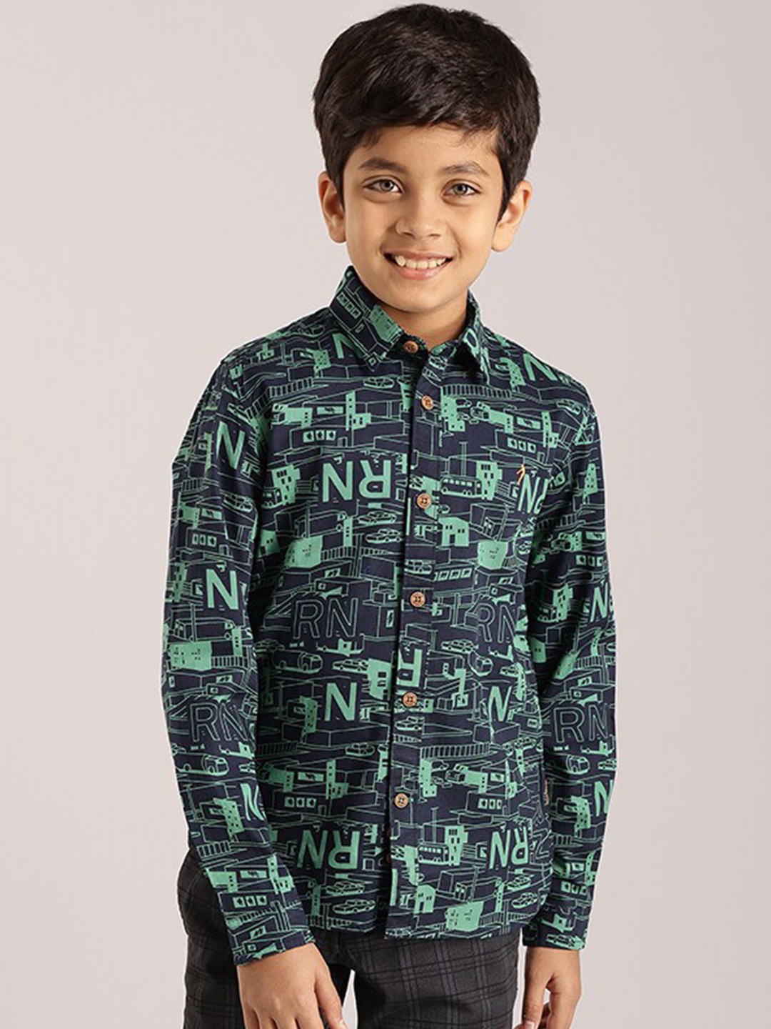 

Indian Terrain Boys Conversational Printed Classic Cotton Casual Shirt, Navy blue