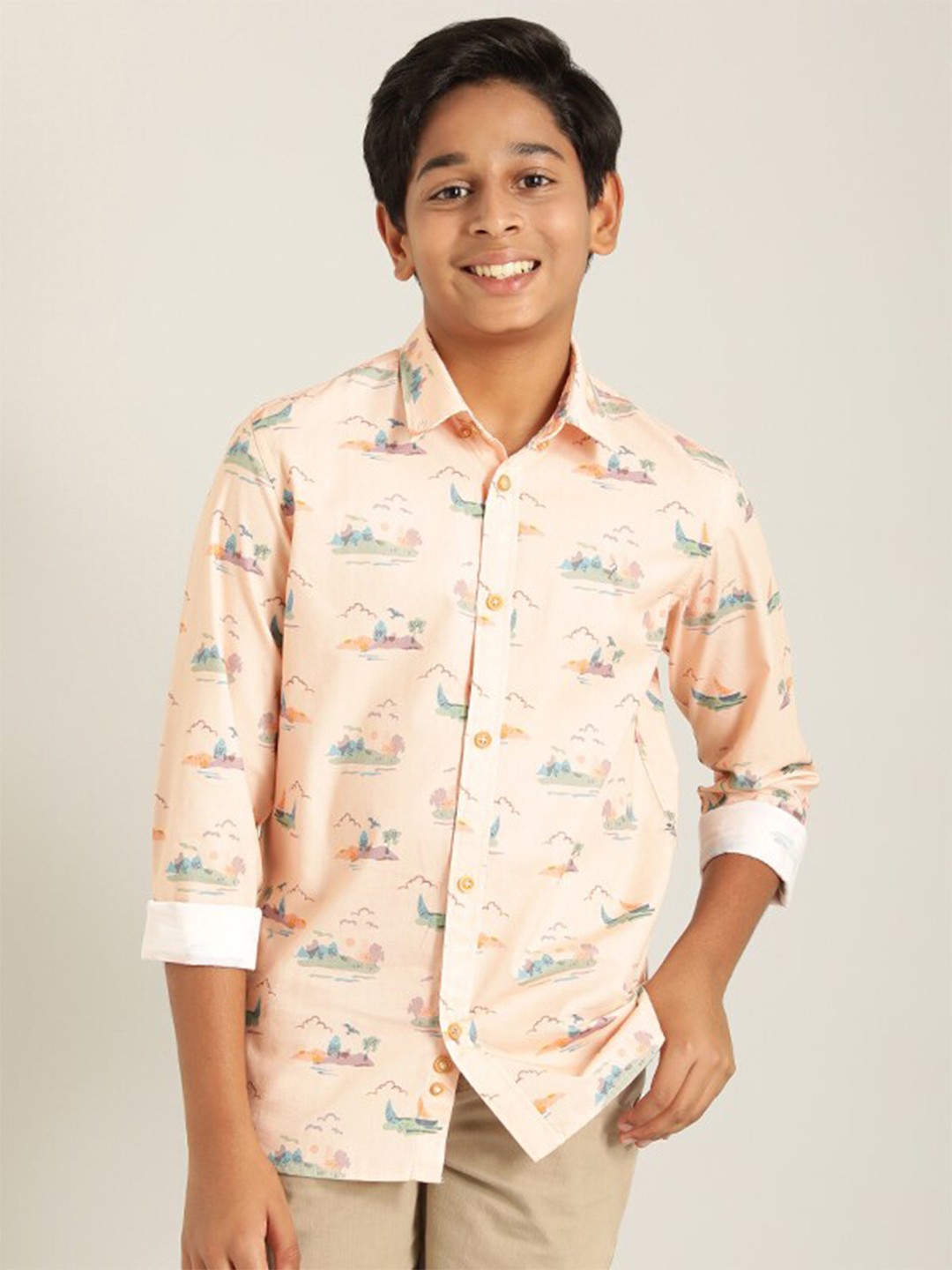 

Indian Terrain Boys Classic Conversational Printed Pure Cotton Shirt, Peach
