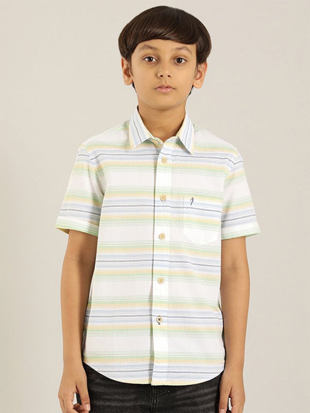 

Indian Terrain Boys Classic Horizontal Striped Pure Cotton Shirt, Green
