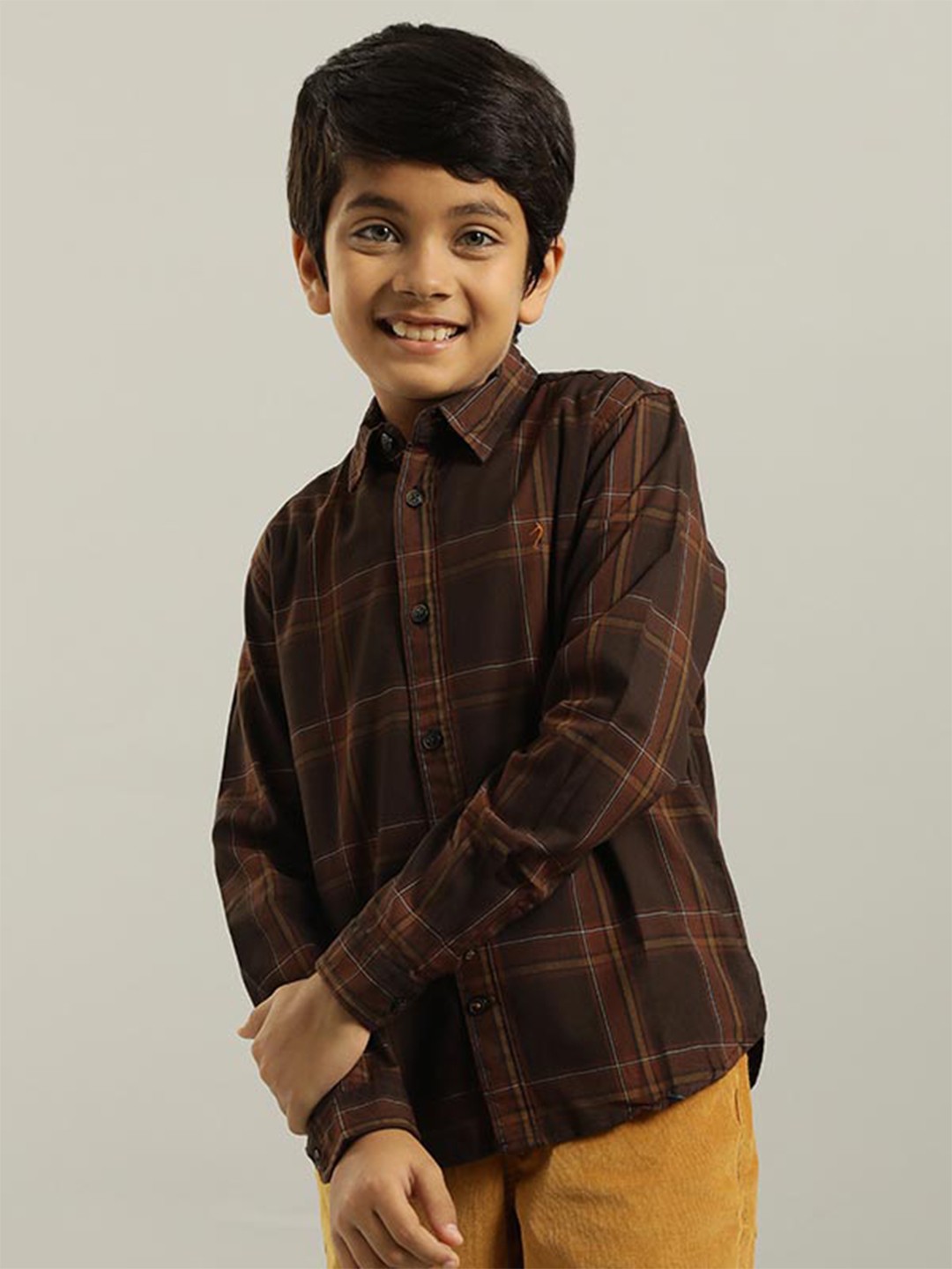 

Indian Terrain Boys Classic Tartan Checked Pure Cotton Casual Shirt, Brown