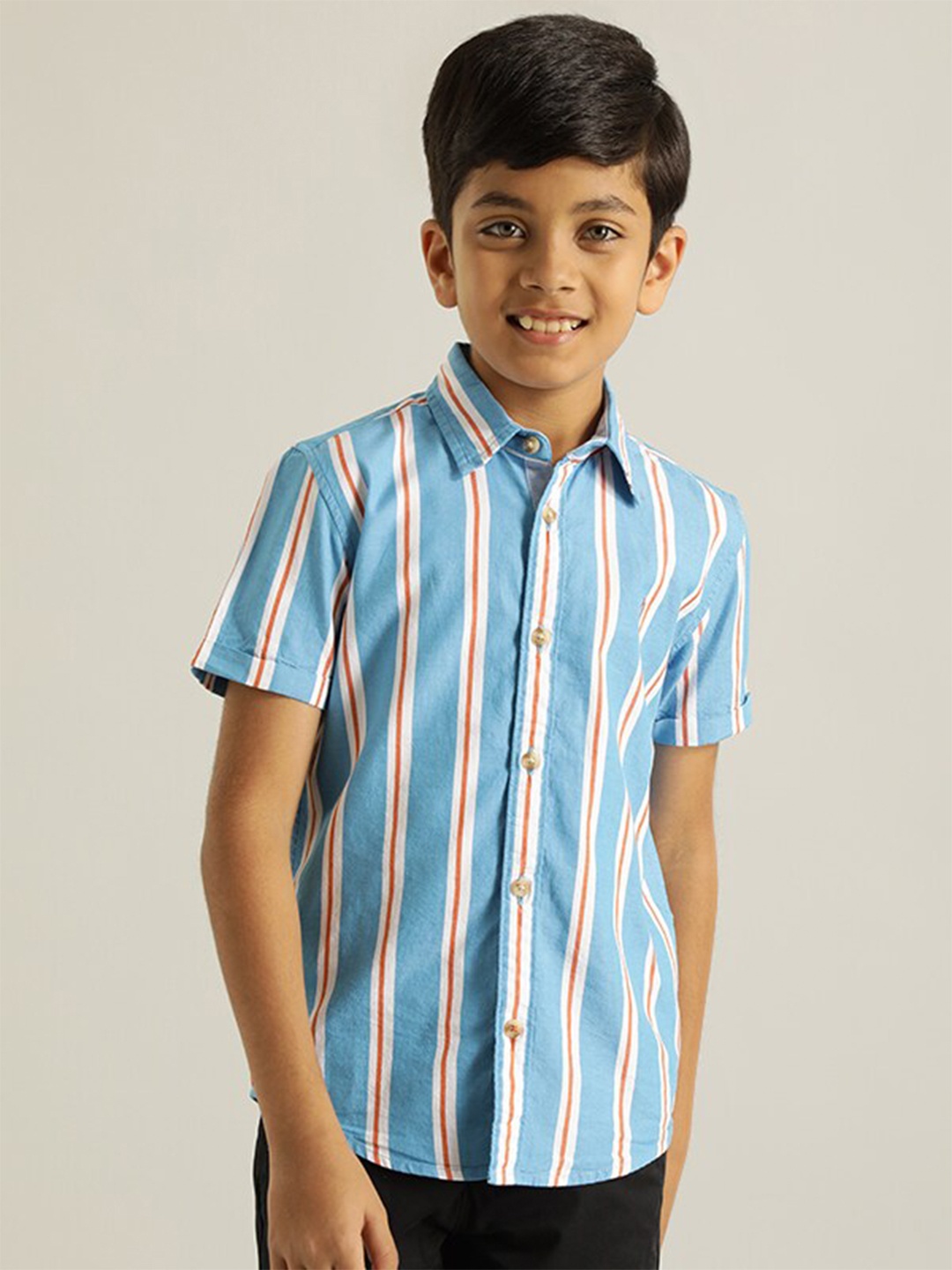 

Indian Terrain Boys Classic Vertical Striped Pure Cotton Casual Shirt, Blue