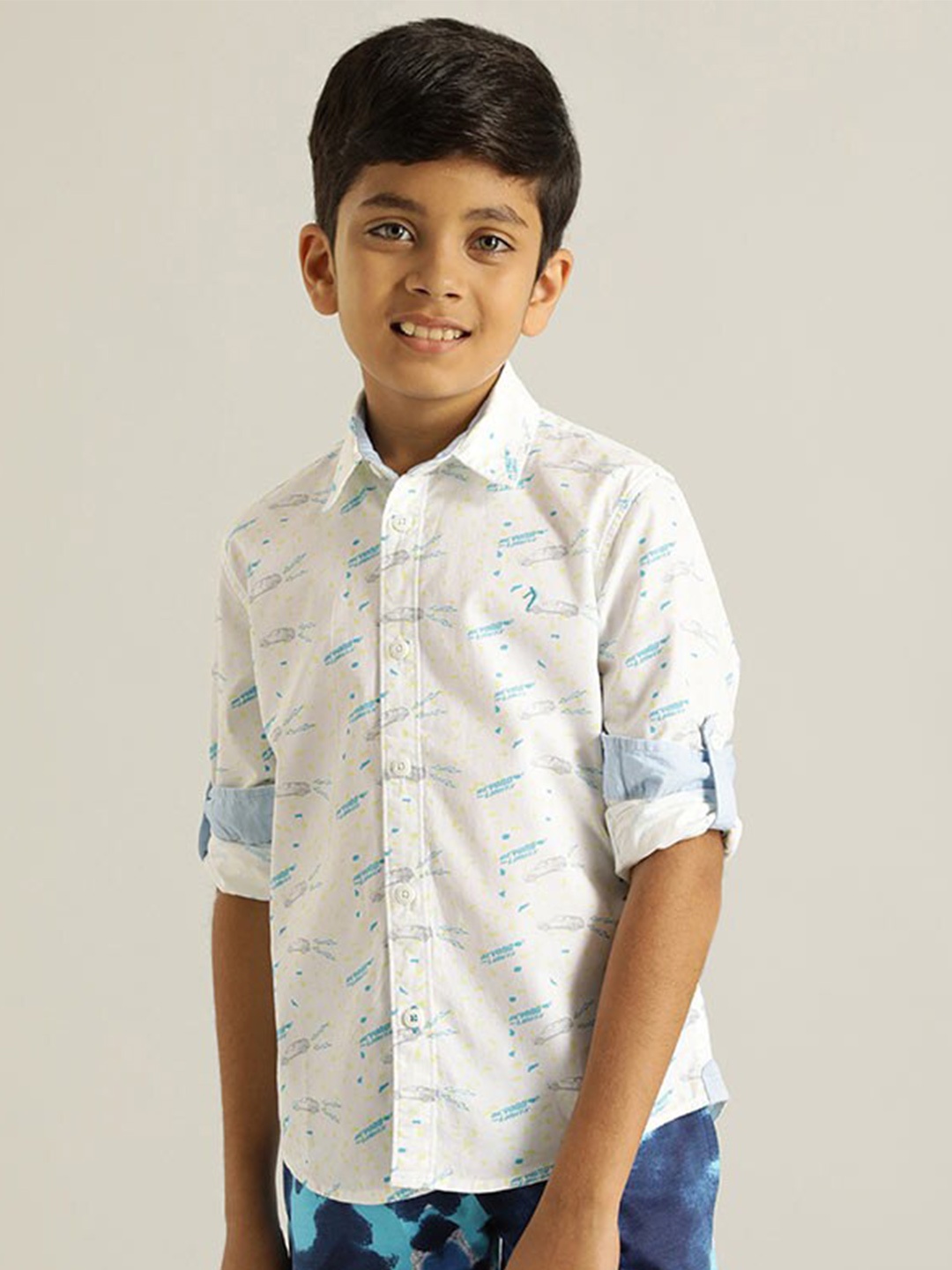 

Indian Terrain Boys Classic Fit Conversational Printed Casual Pure Cotton Shirt, White