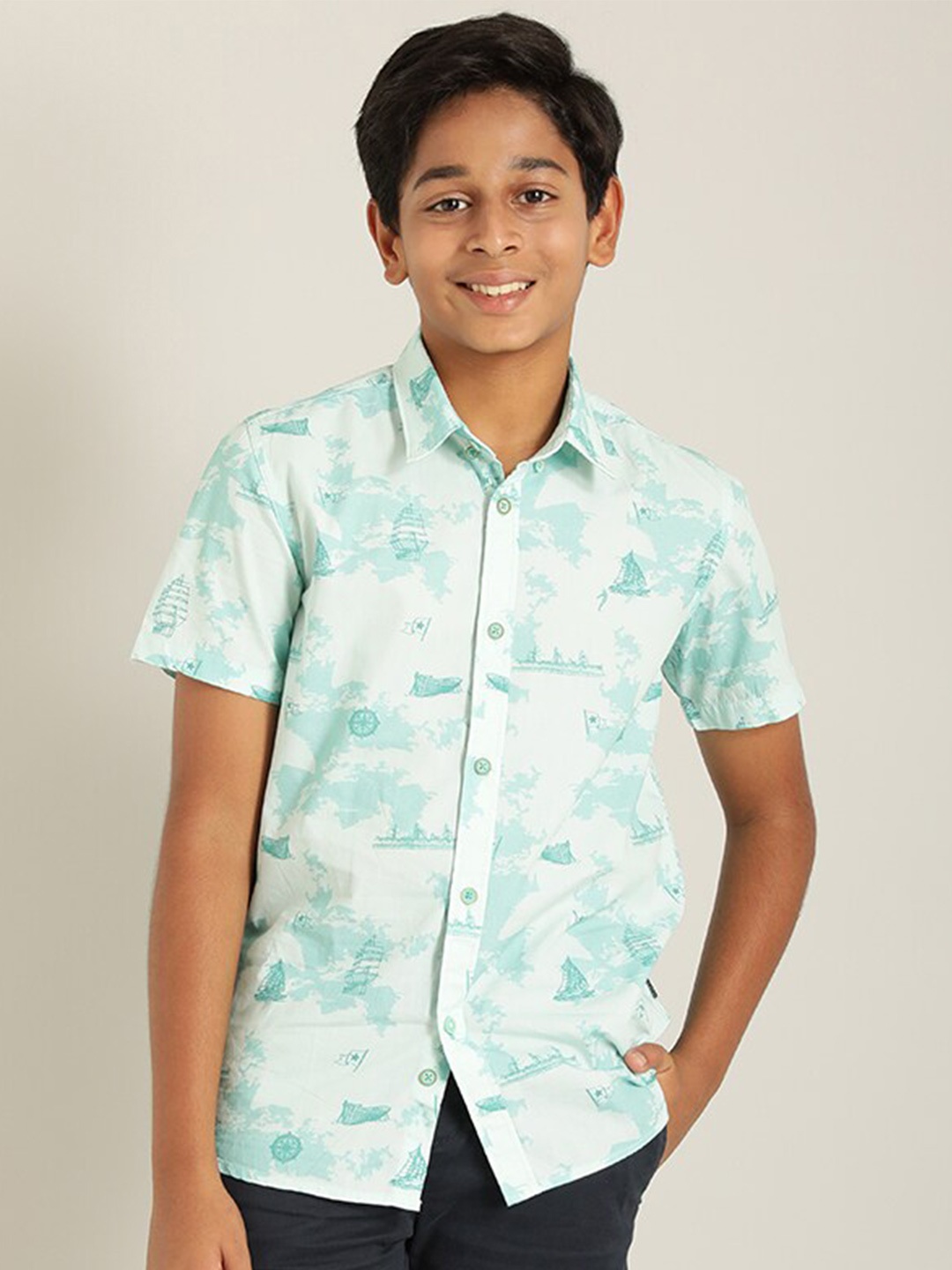 

Indian Terrain Boys Classic Fit Nautical Printed Casual Pure Cotton Shirt, Blue