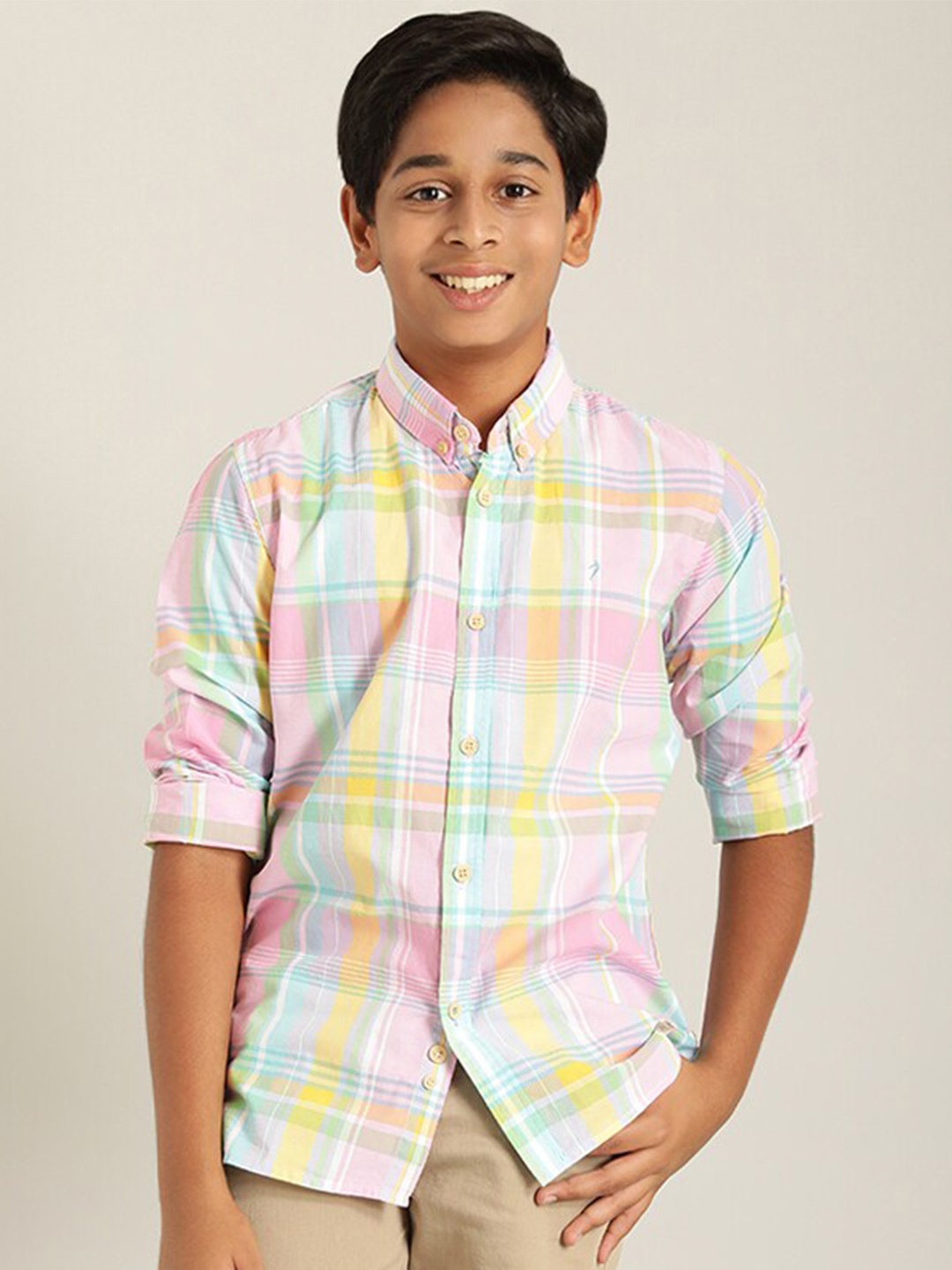 

Indian Terrain Boys Classic Fit Tartan Checked Button Down Collar Pure Cotton Casual Shirt, Pink