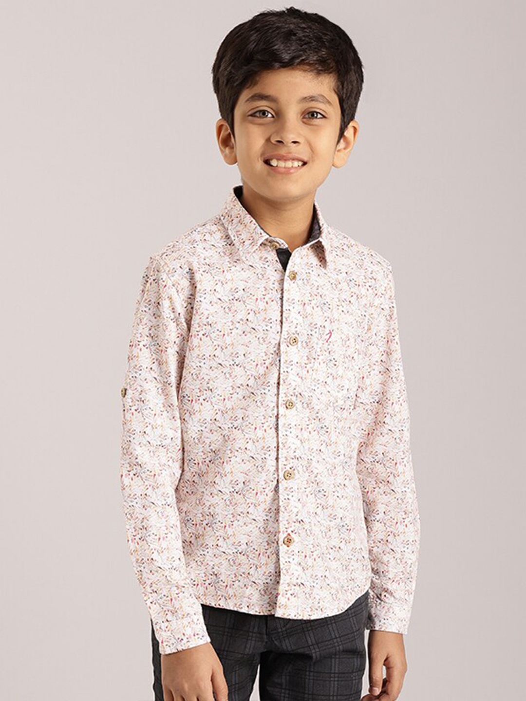 

Indian Terrain Boys Classic Fit Floral Printed Casual Pure Cotton Shirt, White