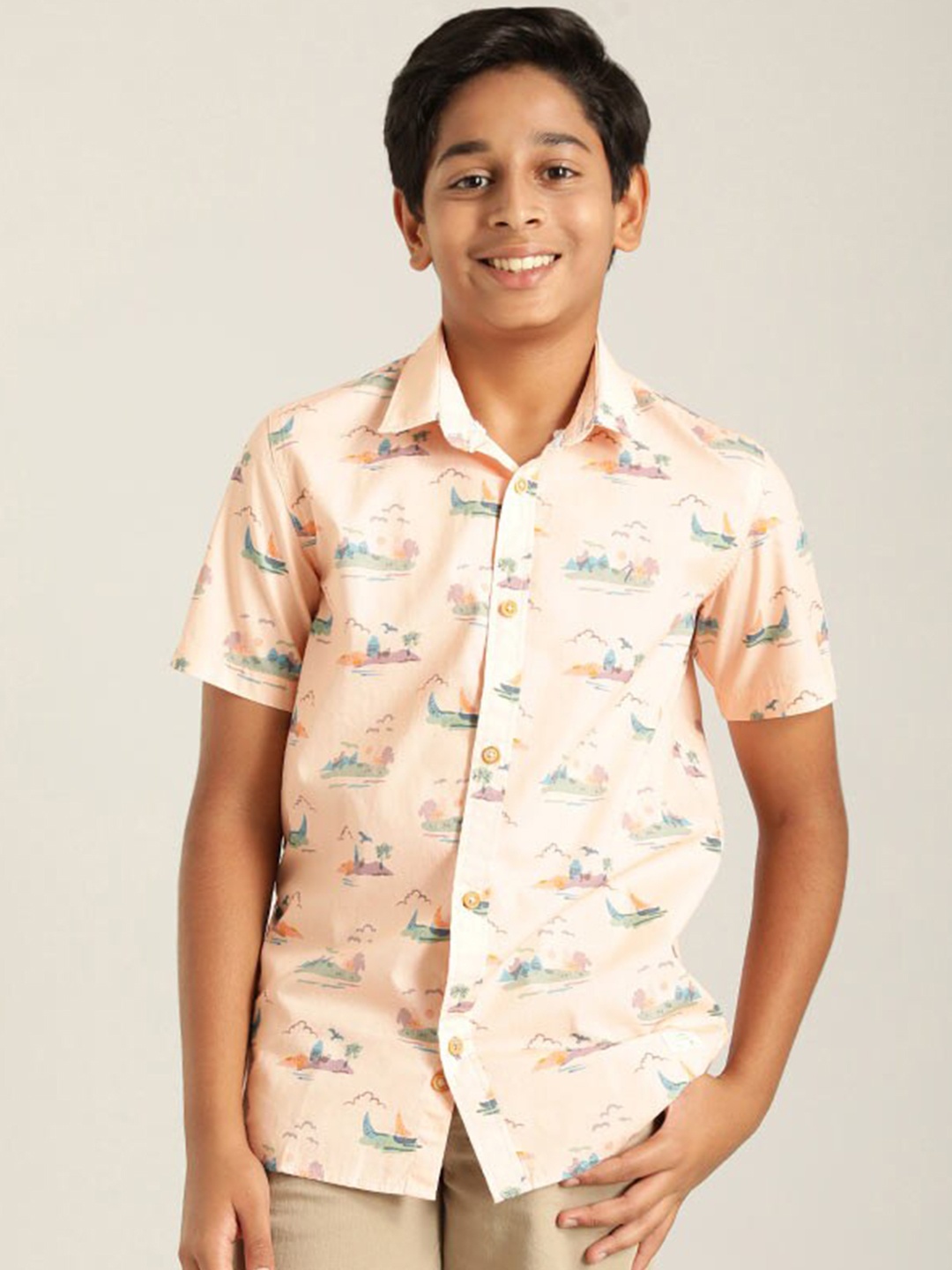 

Indian Terrain Boys Classic Fit Conversational Printed Casual Pure Cotton Shirt, Peach