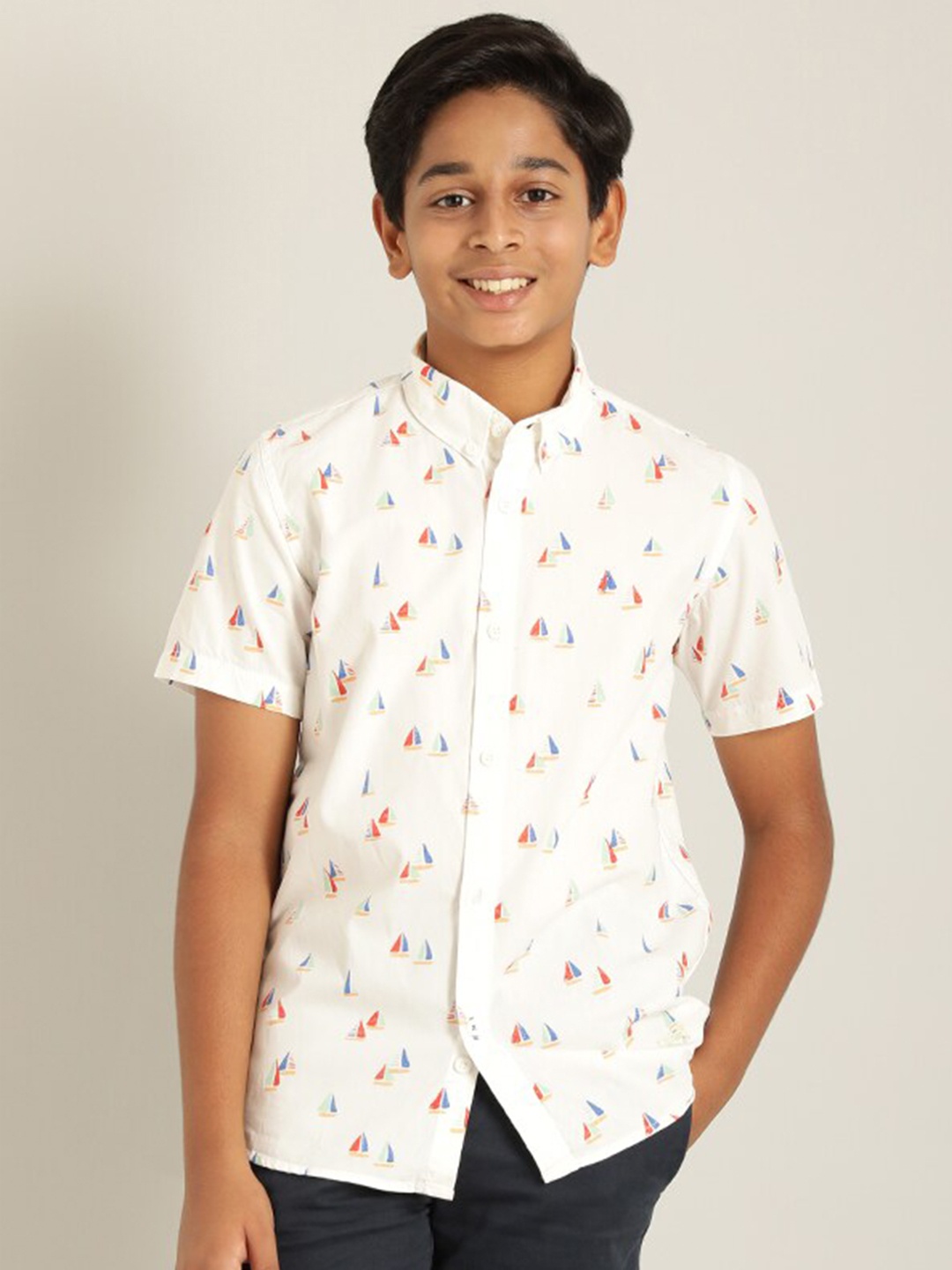 

Indian Terrain Boys Classic Fit Nautical Printed Casual Pure Cotton Shirt, White