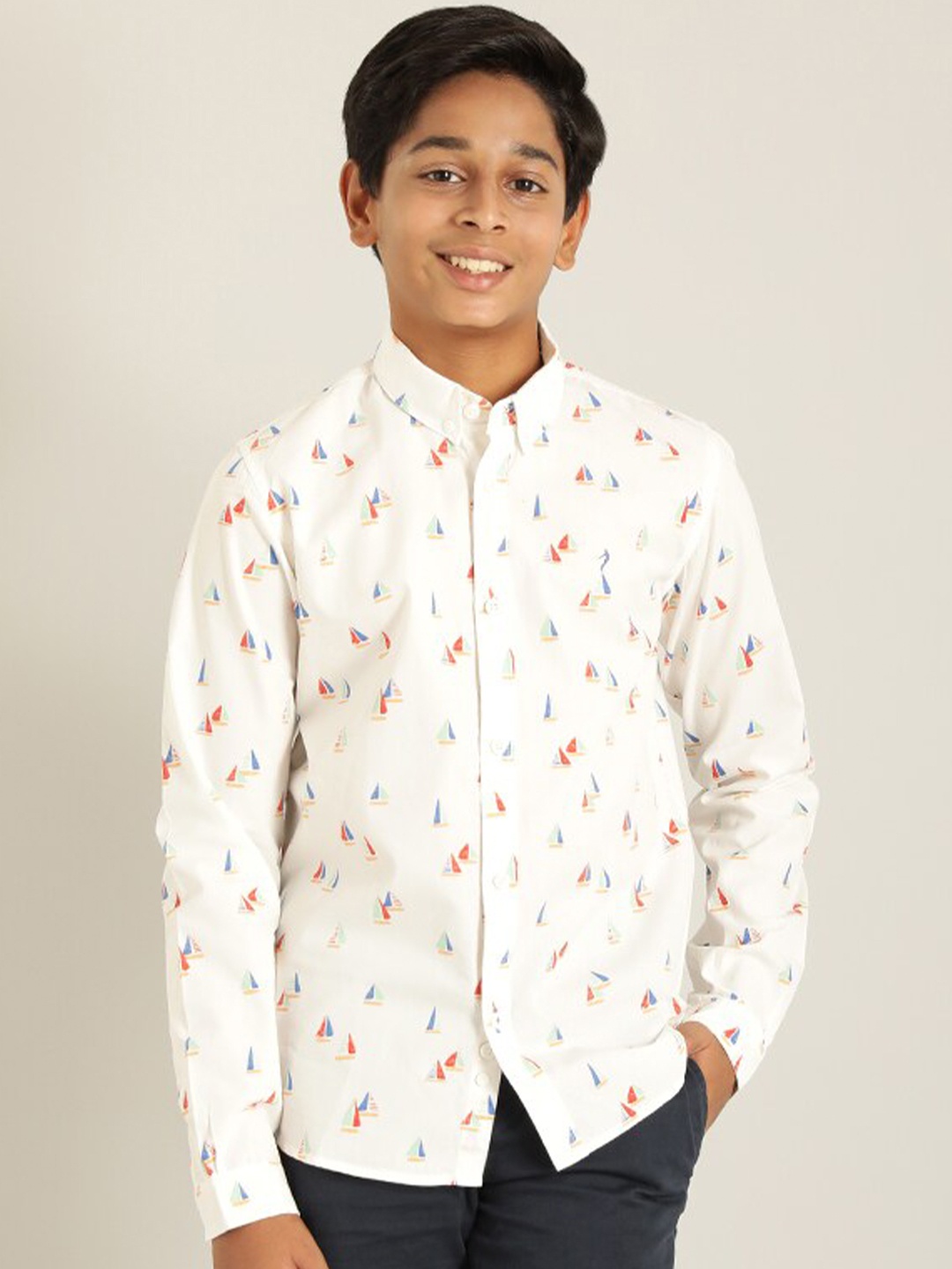 

Indian Terrain Boys Classic Fit Nautical Printed Casual Pure Cotton Shirt, White