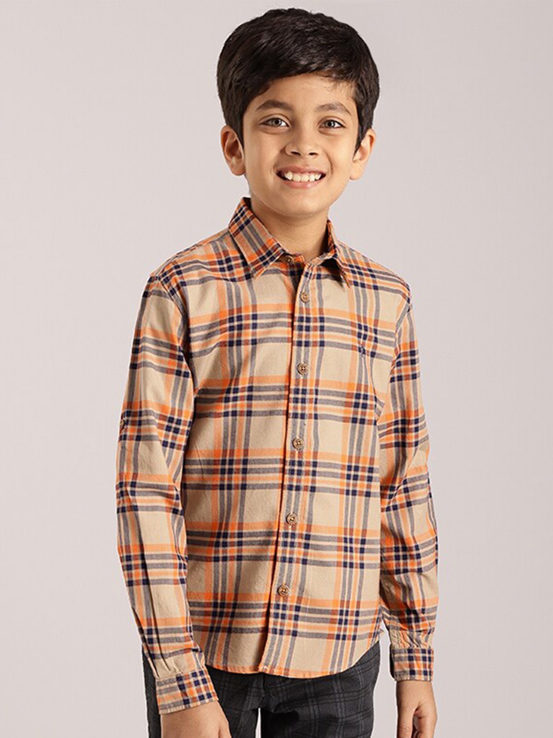 

Indian Terrain Boys Classic Fit Tartan Checked Casual Pure Cotton Shirt, Beige