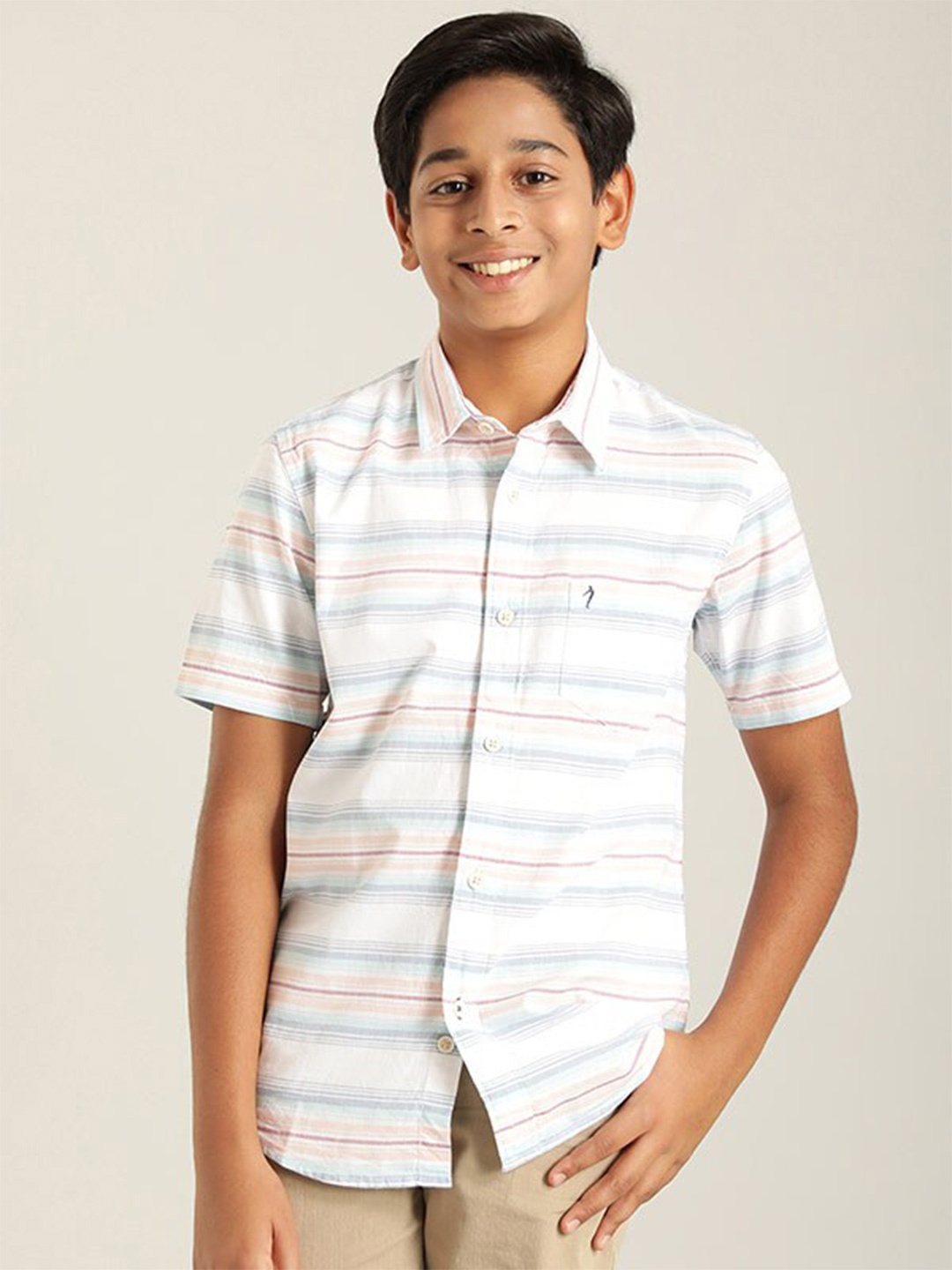 

Indian Terrain Boys Classic Horizontal Striped Pure Cotton Casual Shirt, White