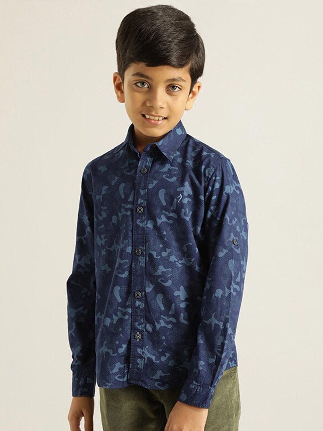 

Indian Terrain Boys Classic Camouflage Printed Pure Cotton Casual Shirt, Navy blue