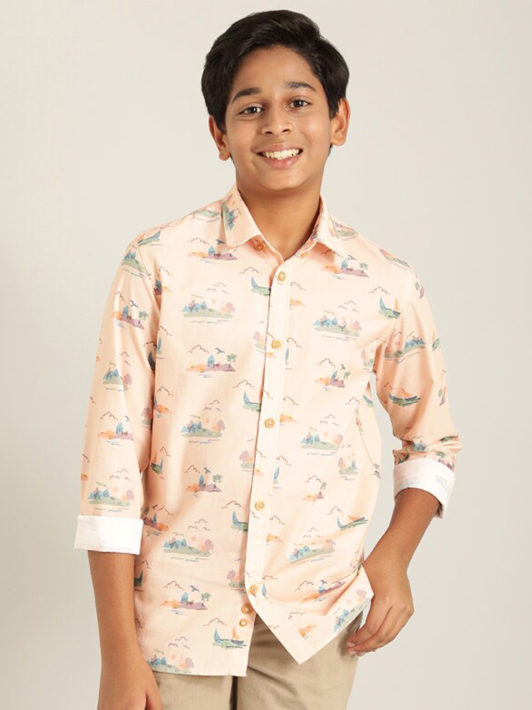 

Indian Terrain Boys Classic Conversational Printed Pure Cotton Casual Shirt, Peach