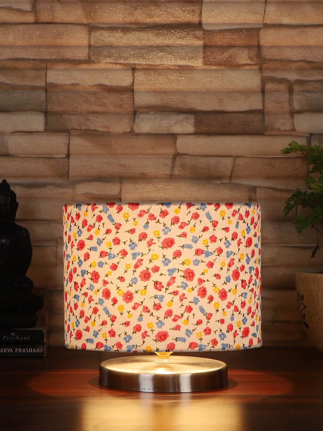 Devansh White & Pink Steel Table Lamp With Floral Printed Cotton Shade