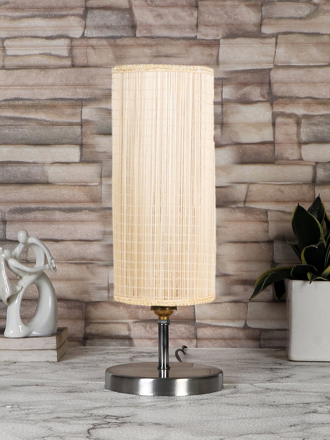 

Devansh Beige Textured Steel Table Lamp With Round-Shaped Bamboo Shade