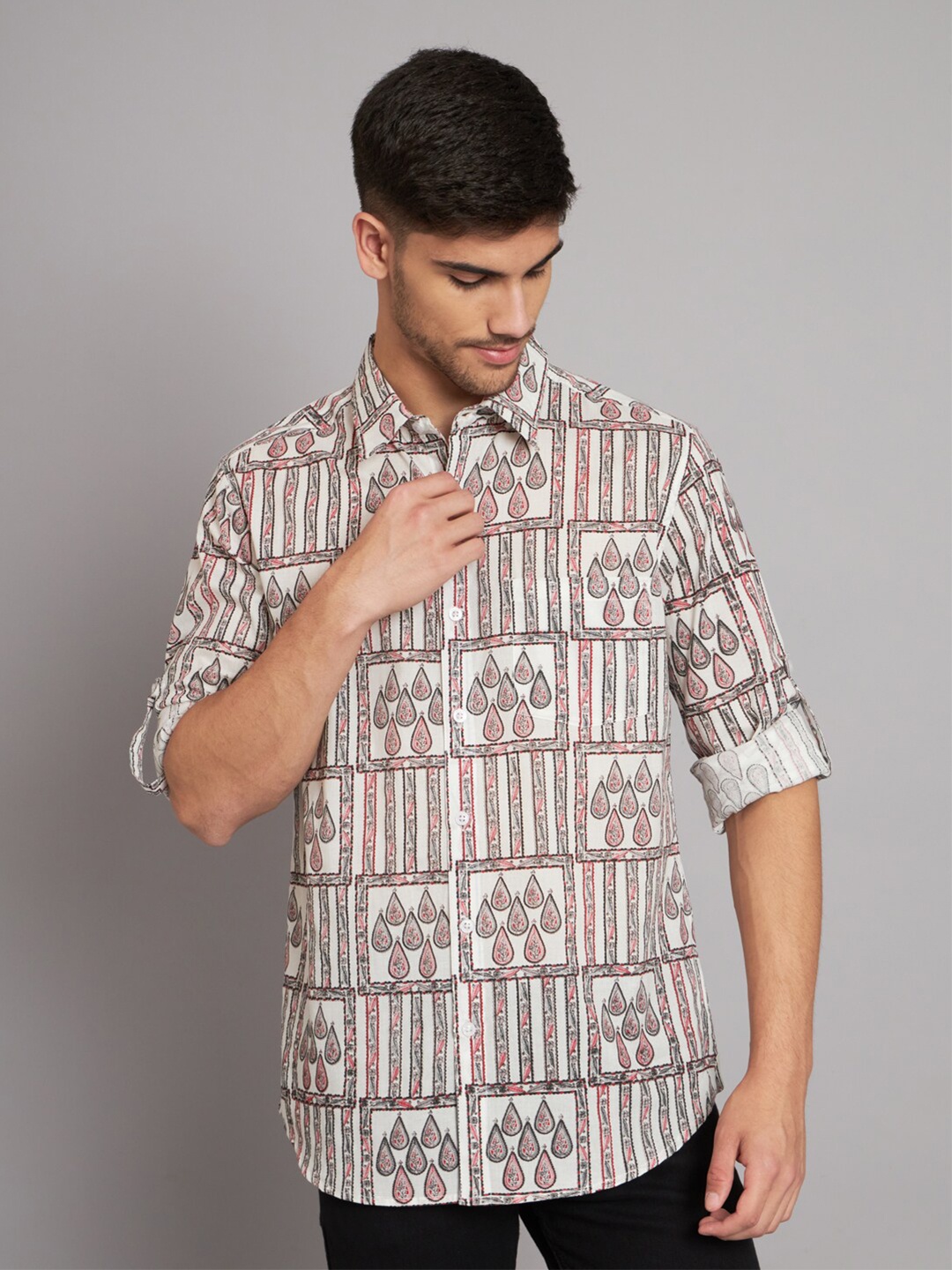 

Sutidora Ethnic Motifs Printed Classic Cotton Casual Shirt, White