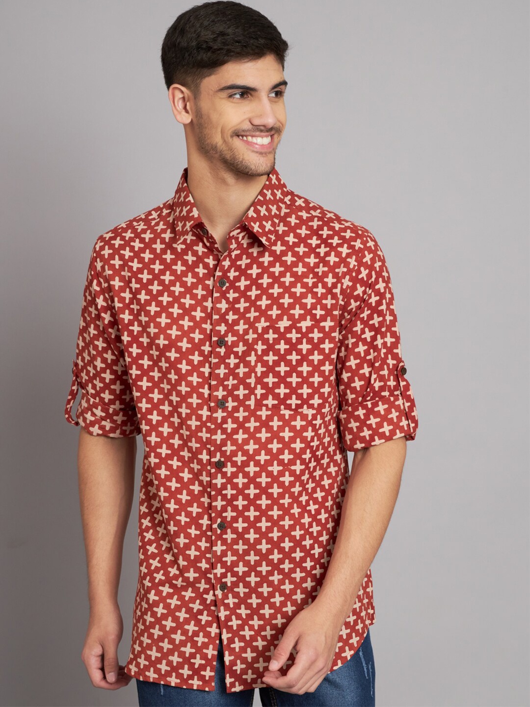 

Sutidora Geometric Printed Classic Cotton Casual Shirt, Red