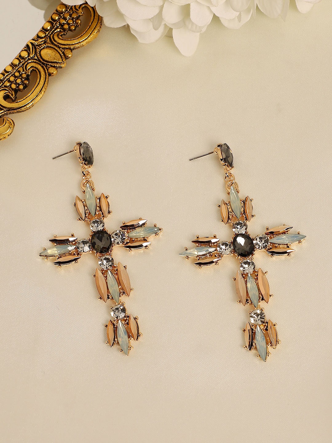 

SOHI Gold-Plated Artificial Stones Contemporary Drop Earrings