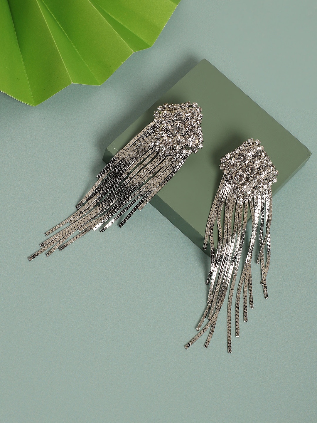

SOHI Silver-Plated Artificial Stones Square Drop Earrings