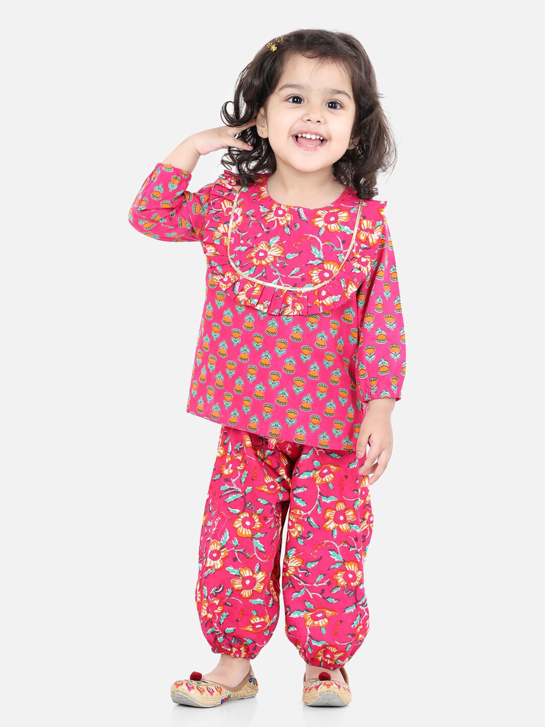 

BownBee Girls Printed Pure Cotton Top With Dhoti Pants, Pink