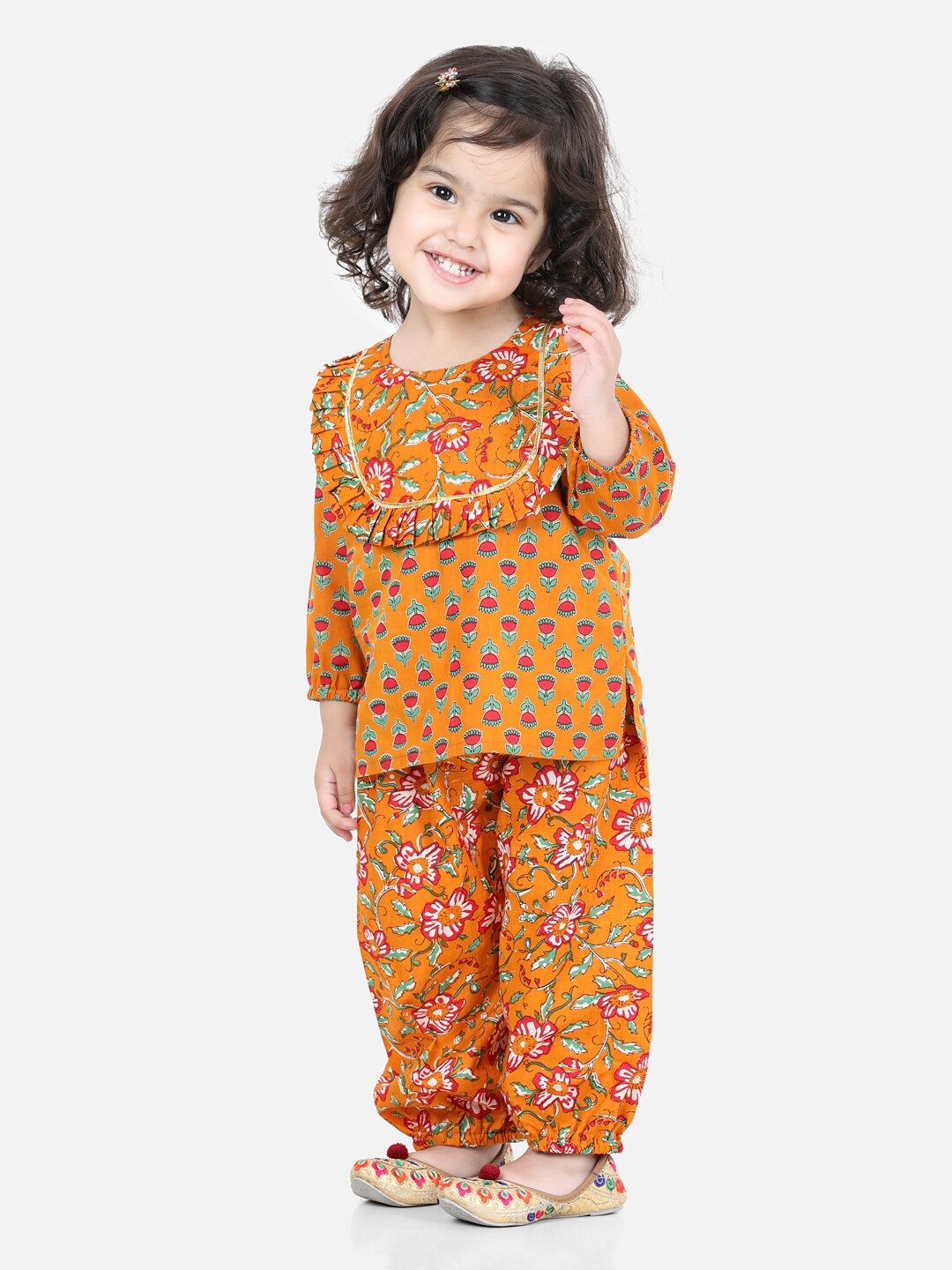 

BownBee Girls Printed Pure Cotton Top with Dhoti Pants, Orange
