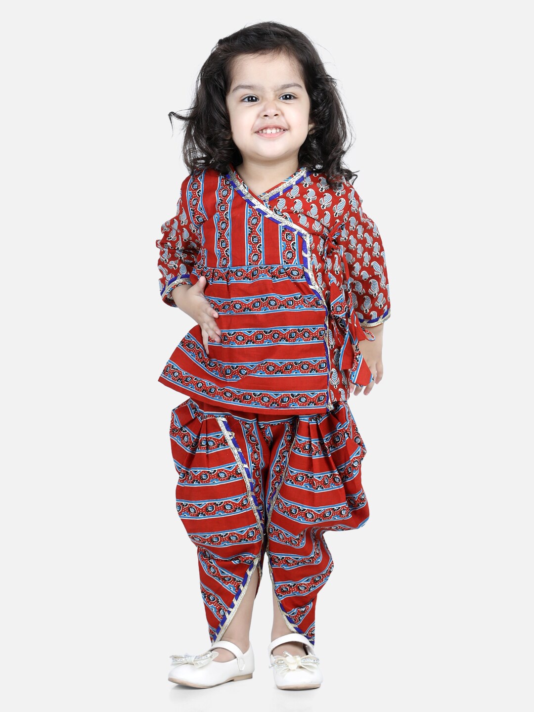 

BownBee Girls Printed Pure Cotton Angrakha Top with Dhoti Pants, Red