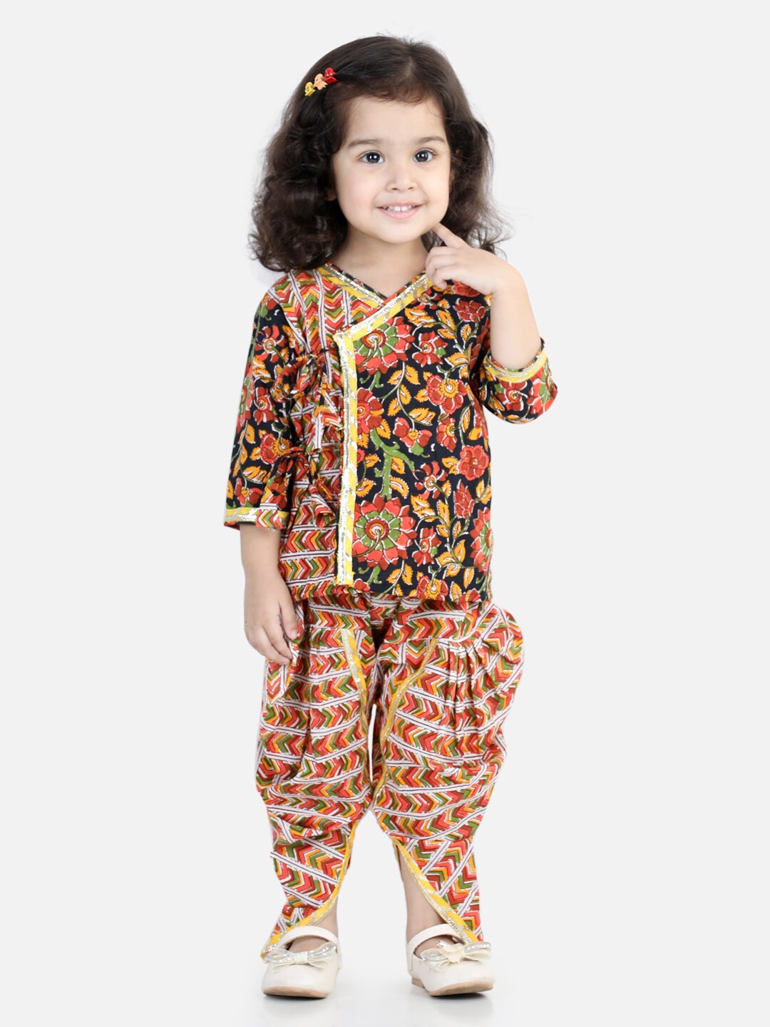 

BownBee Girls Printed Pure Cotton Angrakha Top With Dhoti Pant, Black