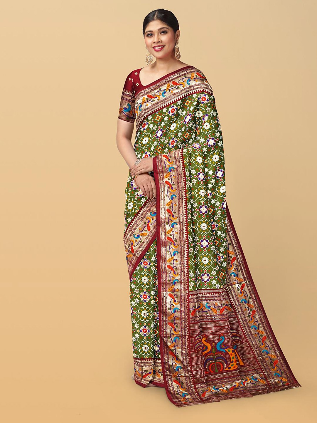 

Kalamandir Ethnic Motifs Printed Zari Ikat Saree, Green