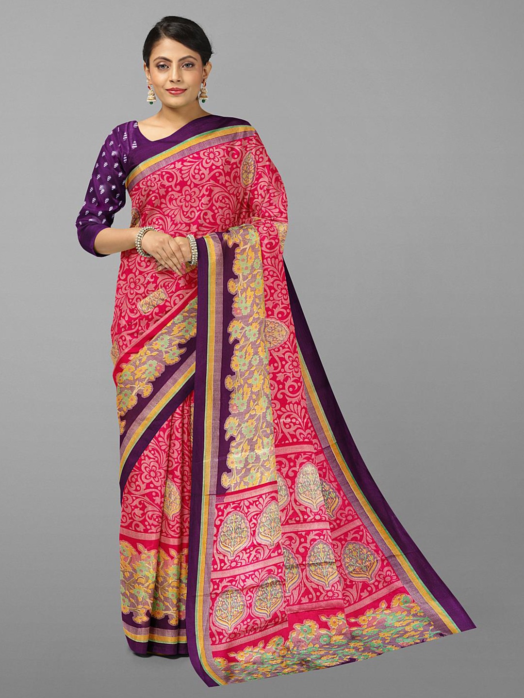 

Kalamandir Ethnic Motifs Printed Zari Pure Crepe Saree, Pink