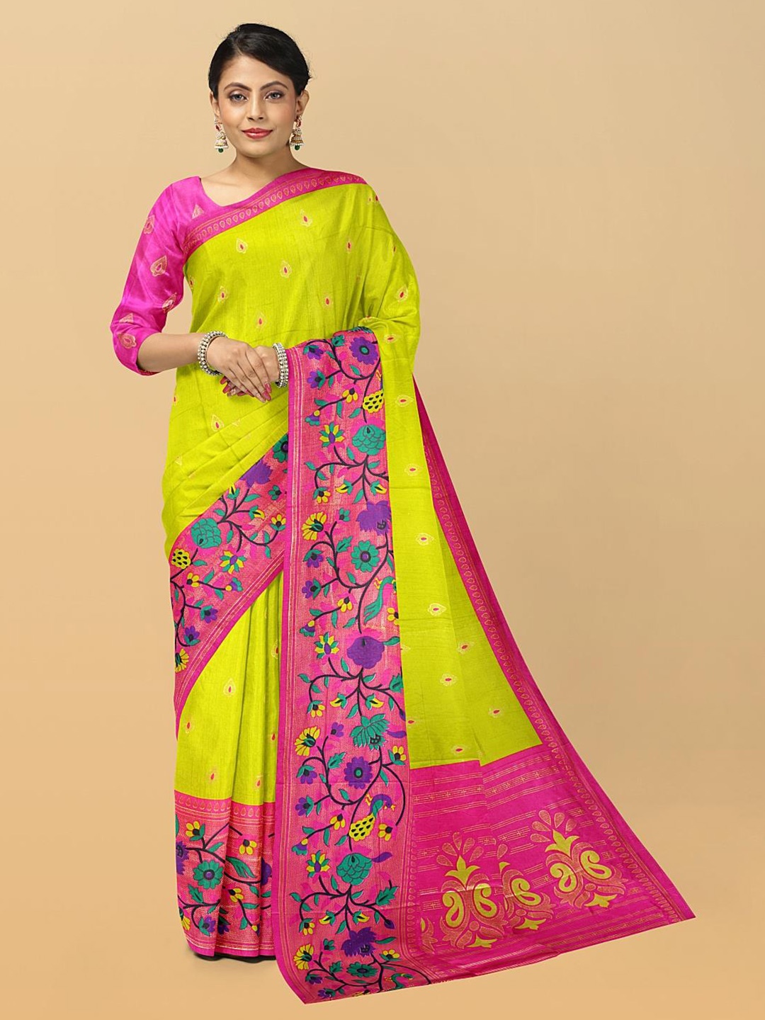 

Kalamandir Floral Woven Design Saree, Lime green