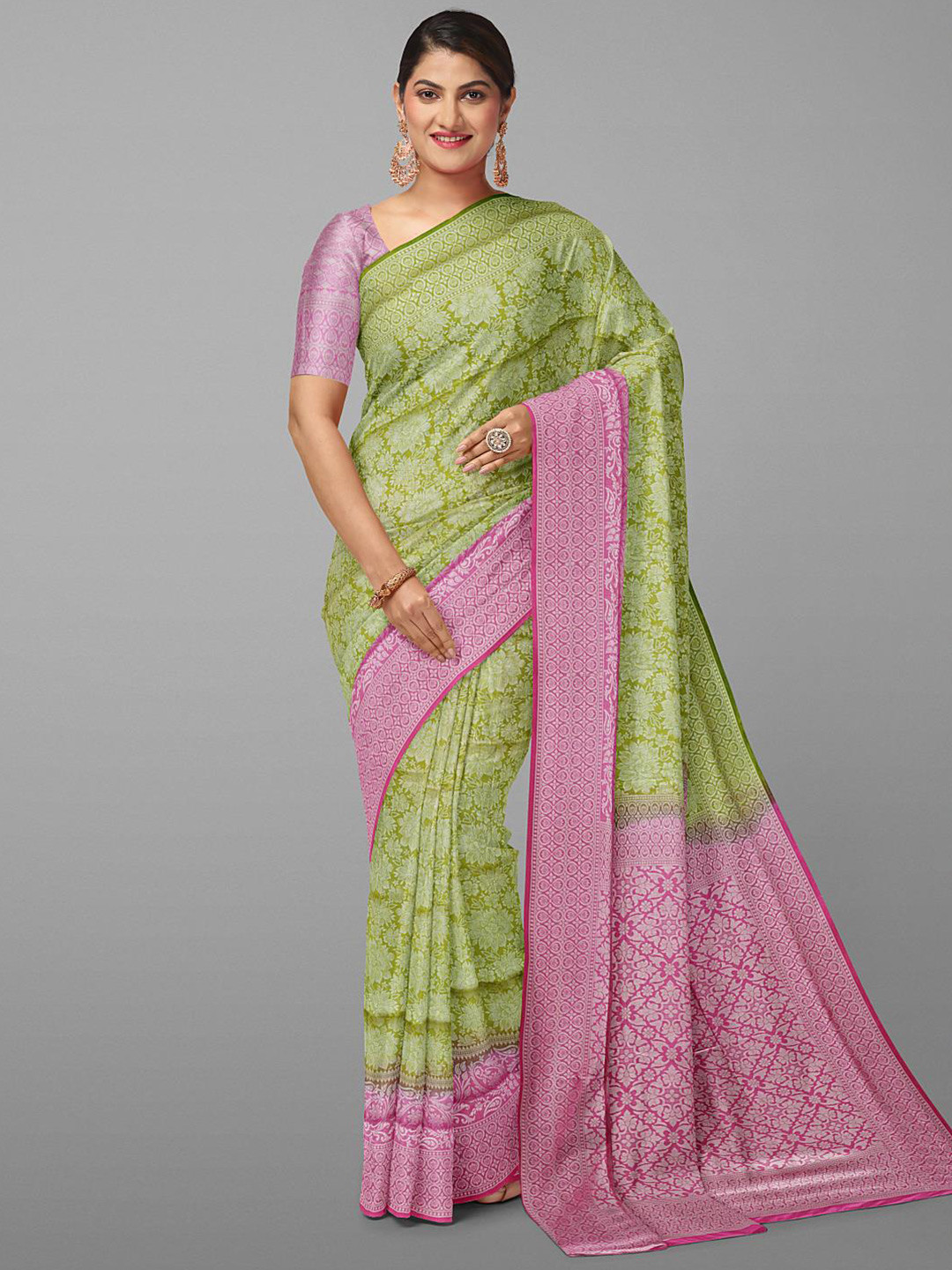 

Kalamandir Floral Printed Zari Saree, Olive