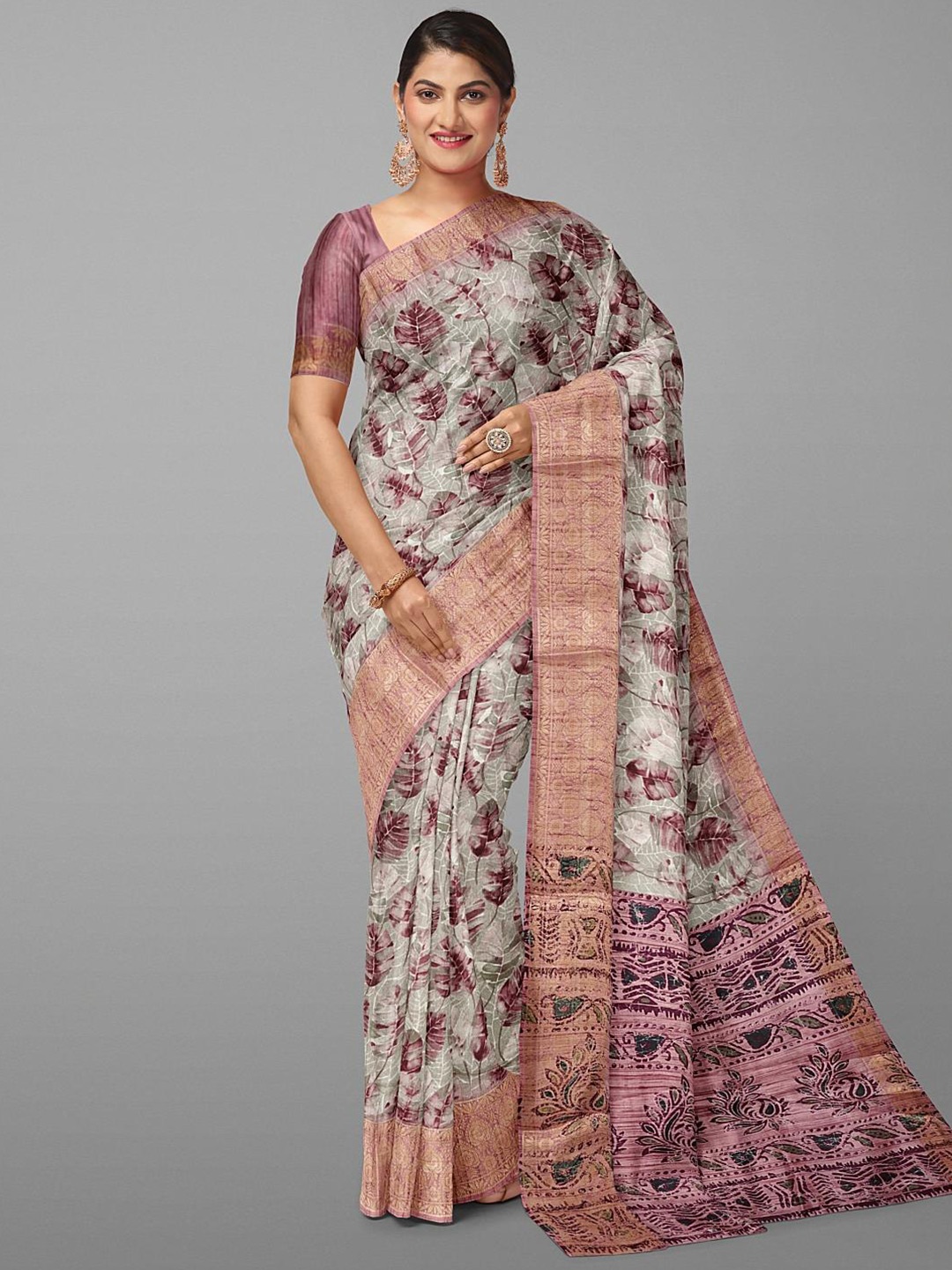 

Kalamandir Floral Printed Zari Saree, Grey