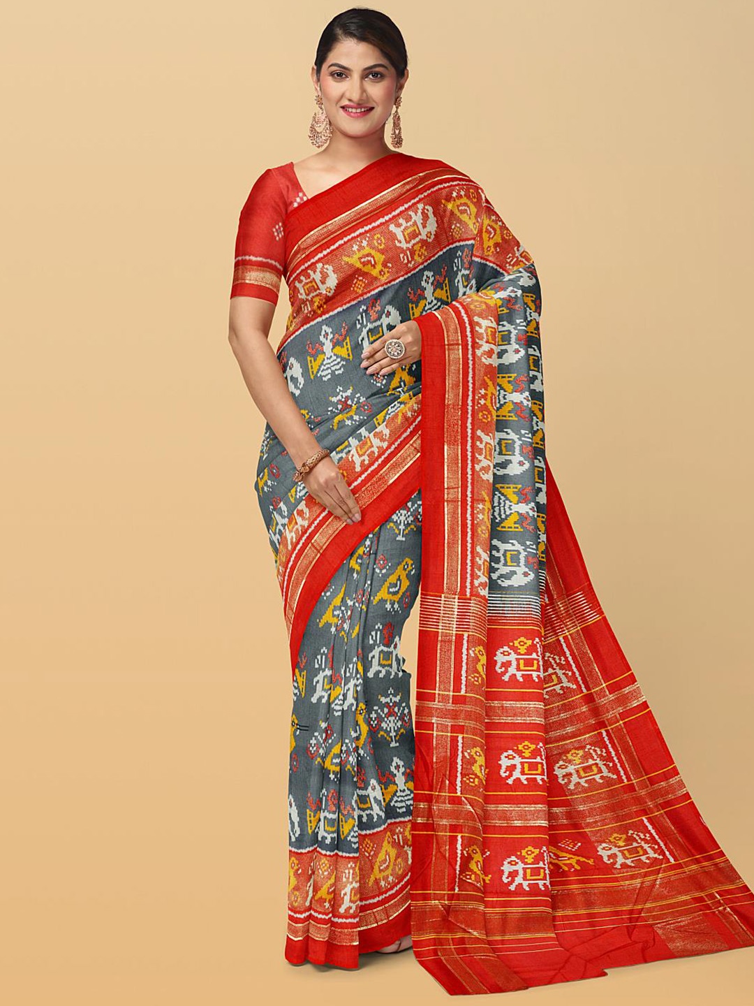 

Kalamandir Ikkat Printed Silk Blend Saree, Grey