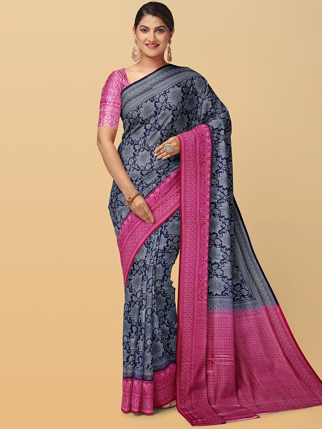 

Kalamandir Floral Printed Zari Silk Blend Saree, Navy blue