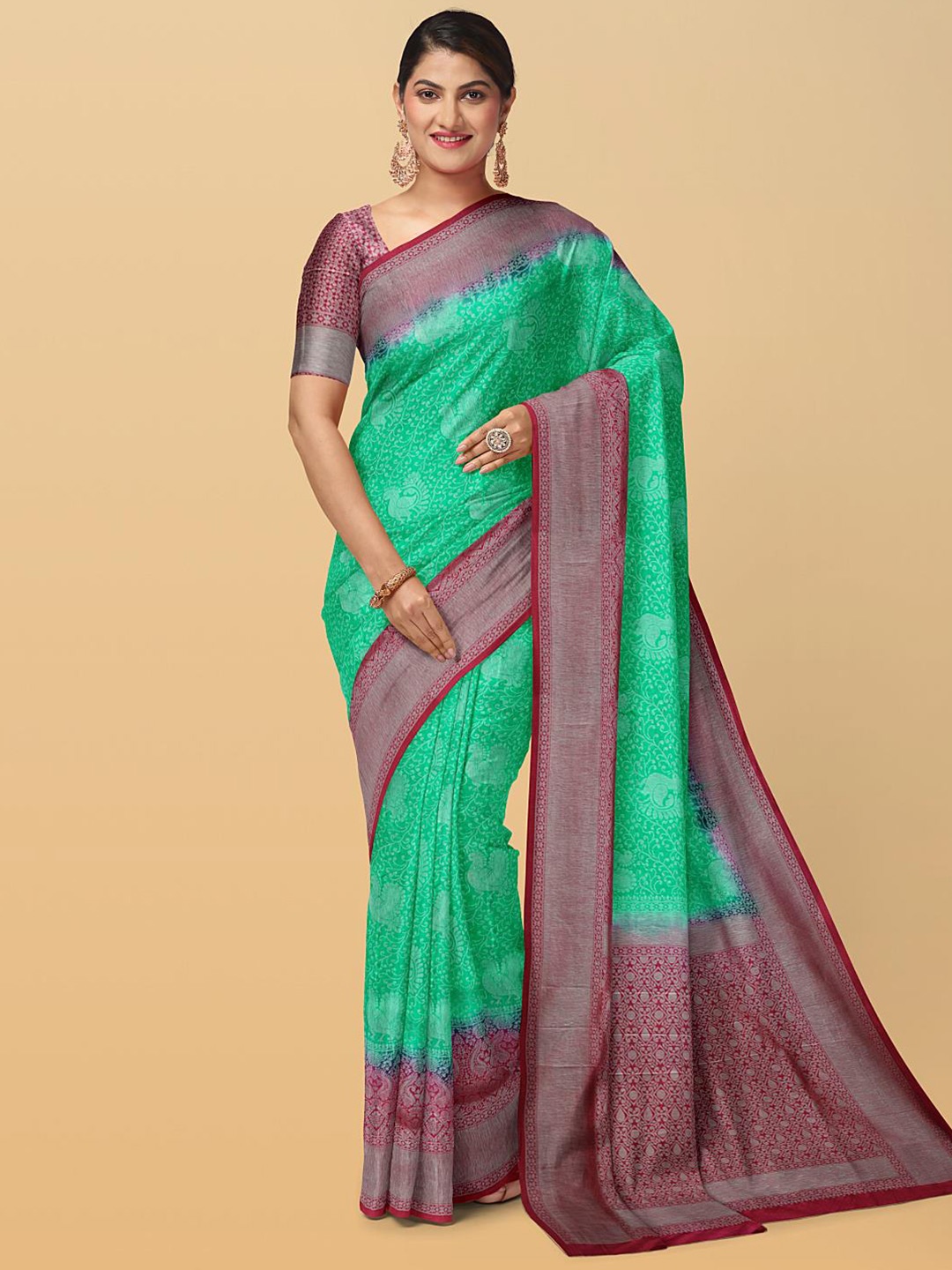 

Kalamandir Ethnic Motif Woven Design Zari Saree, Sea green