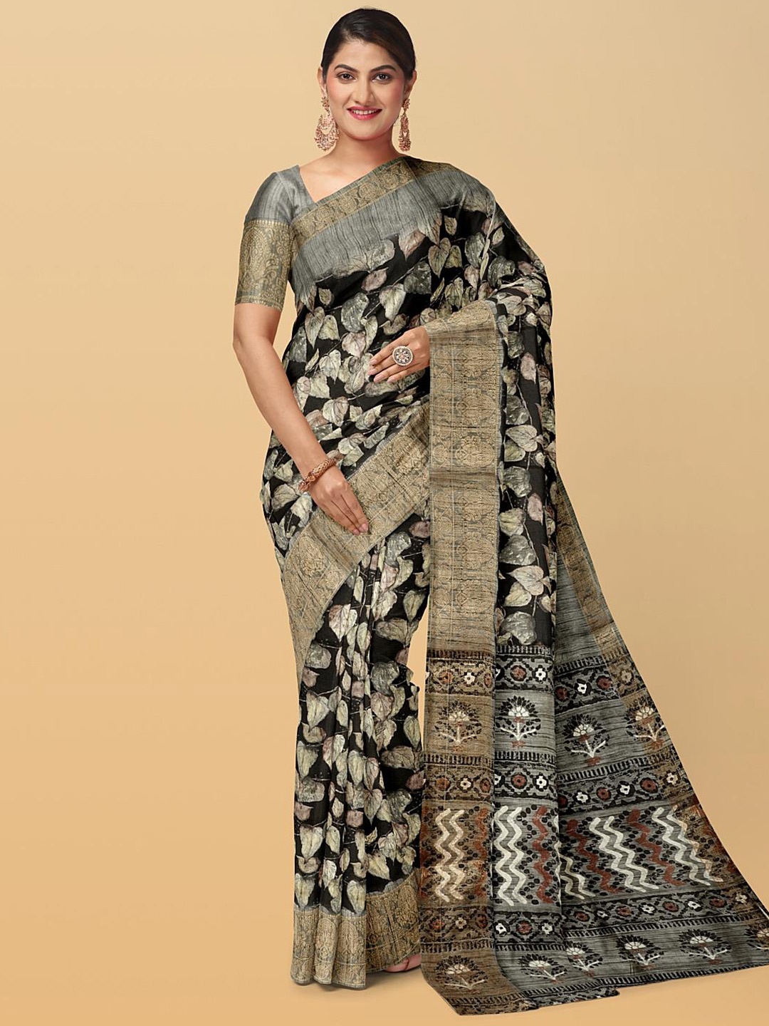 

Kalamandir Floral Printed Zari Silk Blend Saree, Black