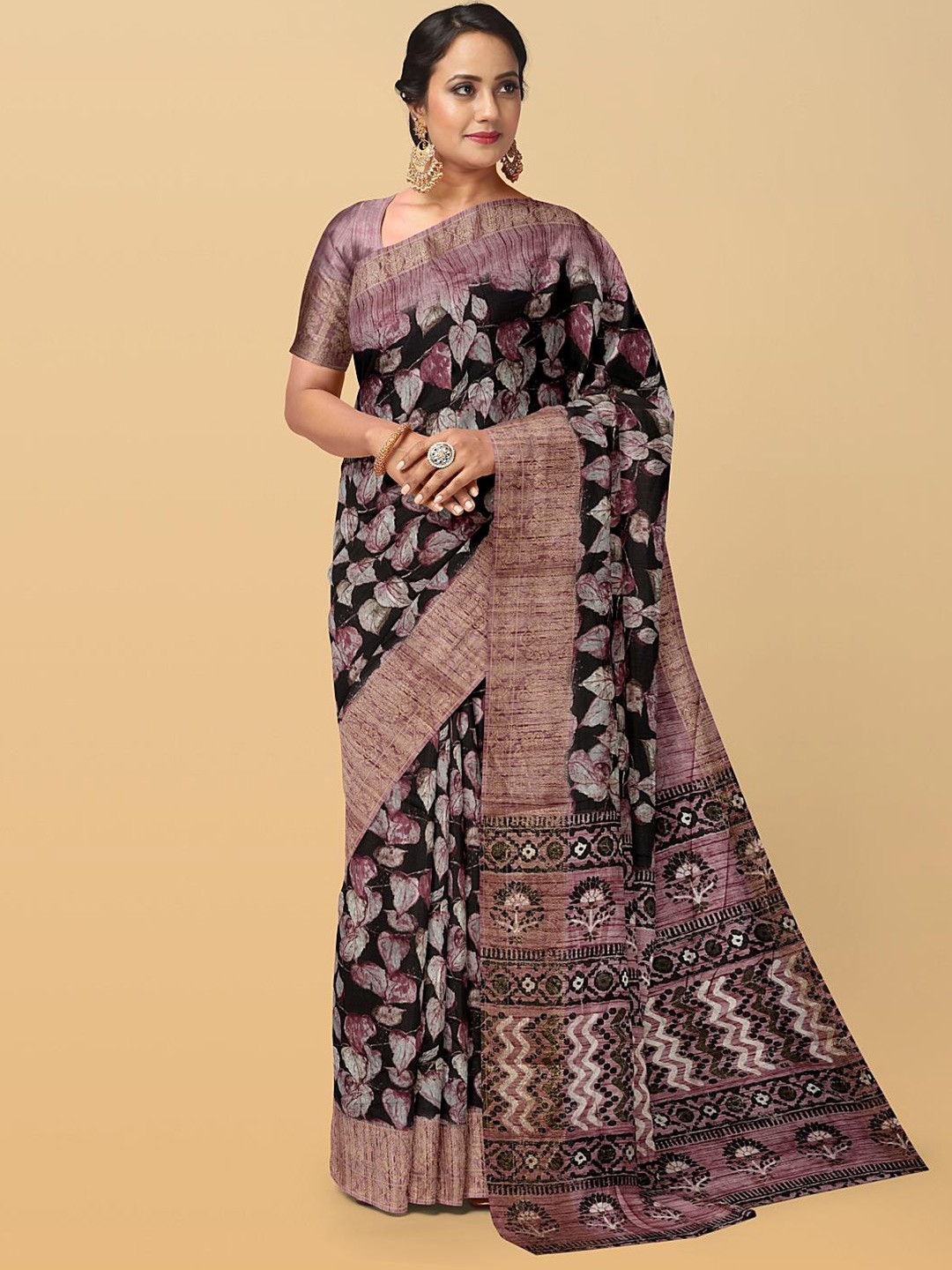 

Kalamandir Floral Printed Silk Blend Saree, Black