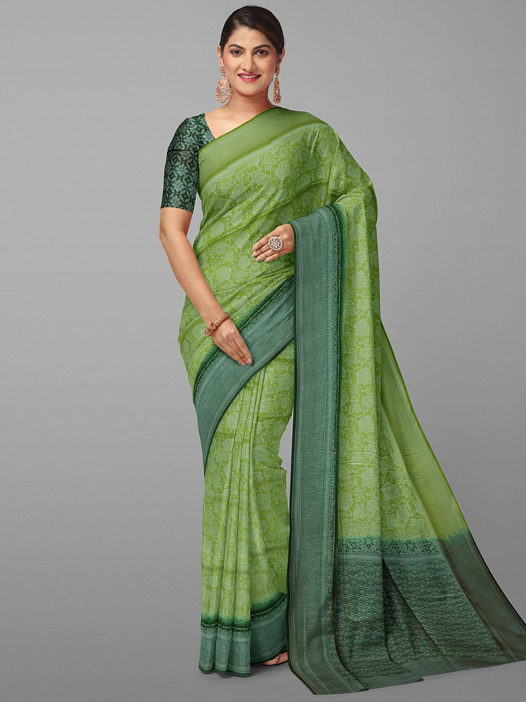 

Kalamandir Floral Printed Zari Border Saree, Olive