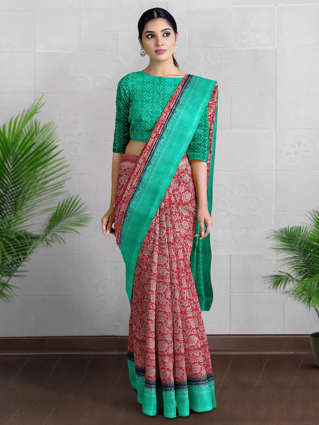

Kalamandir Floral Printed Silk Blend Saree, Red