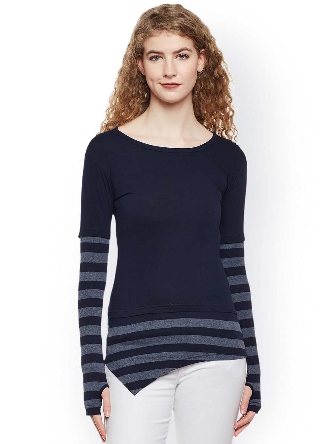 

Hypernation Women Blue Striped Round Neck T-shirt