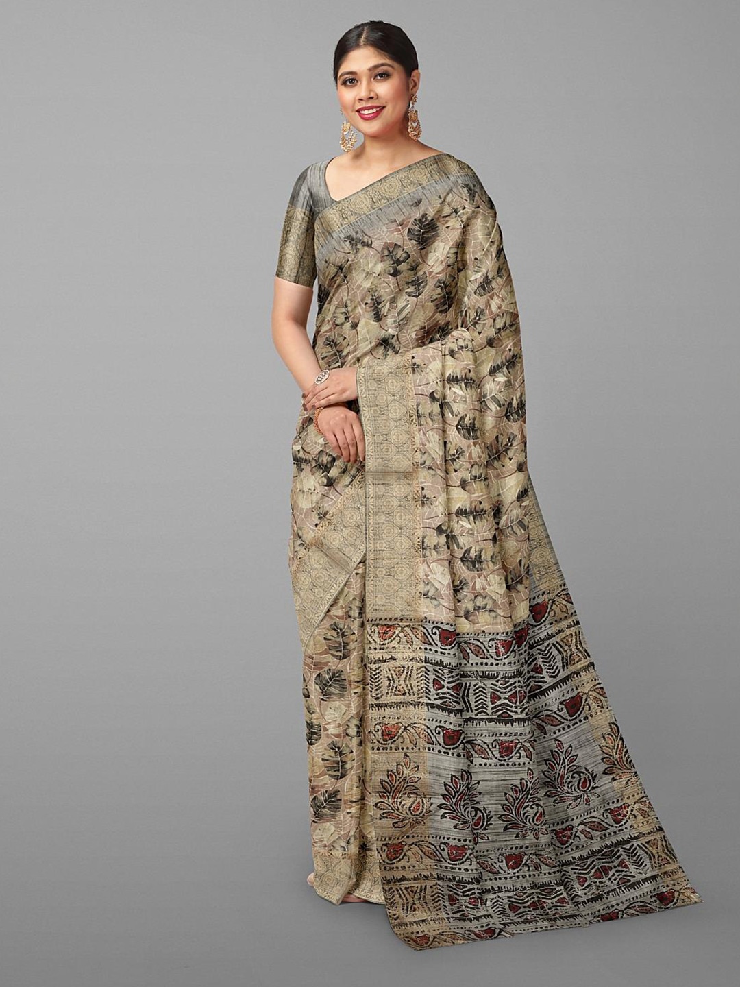 

Kalamandir Leaf Printed Silk Blend Saree, Brown