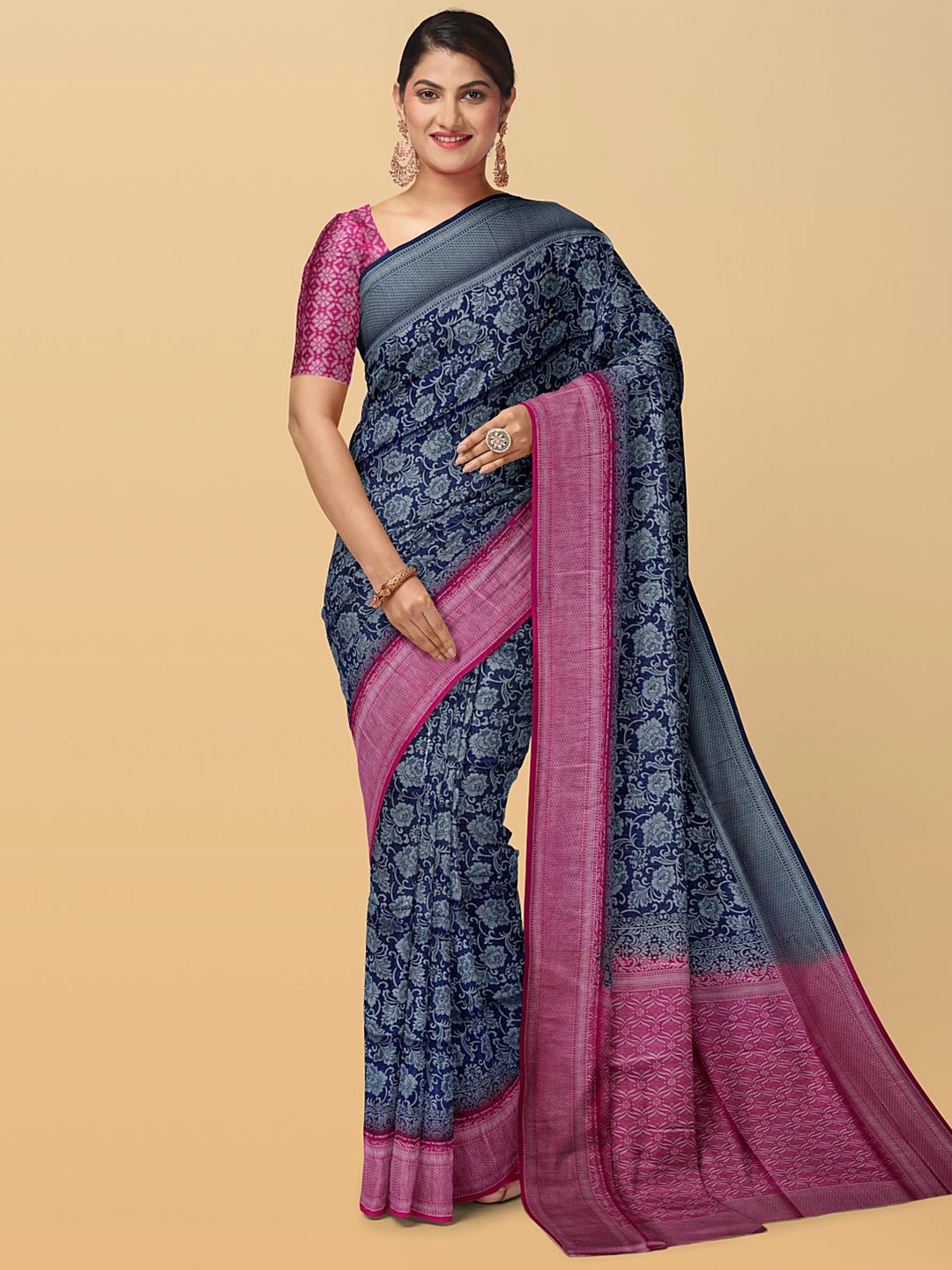 

Kalamandir Floral Printed Zari Silk Blend Saree, Navy blue