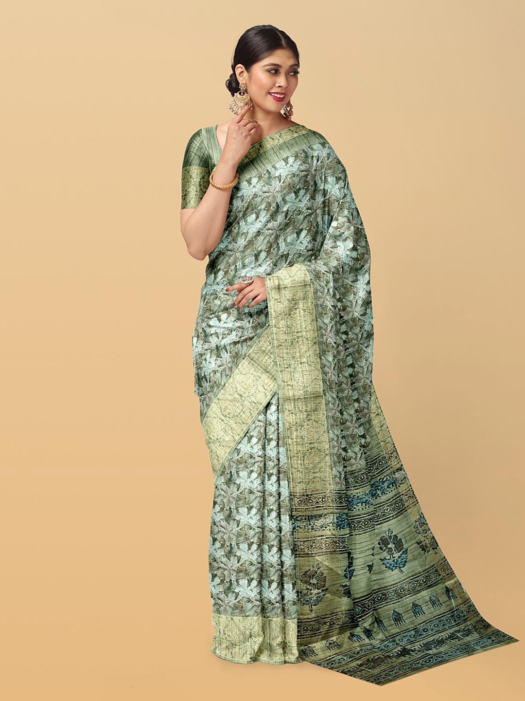 

Kalamandir Floral Printed Zari Saree, Green