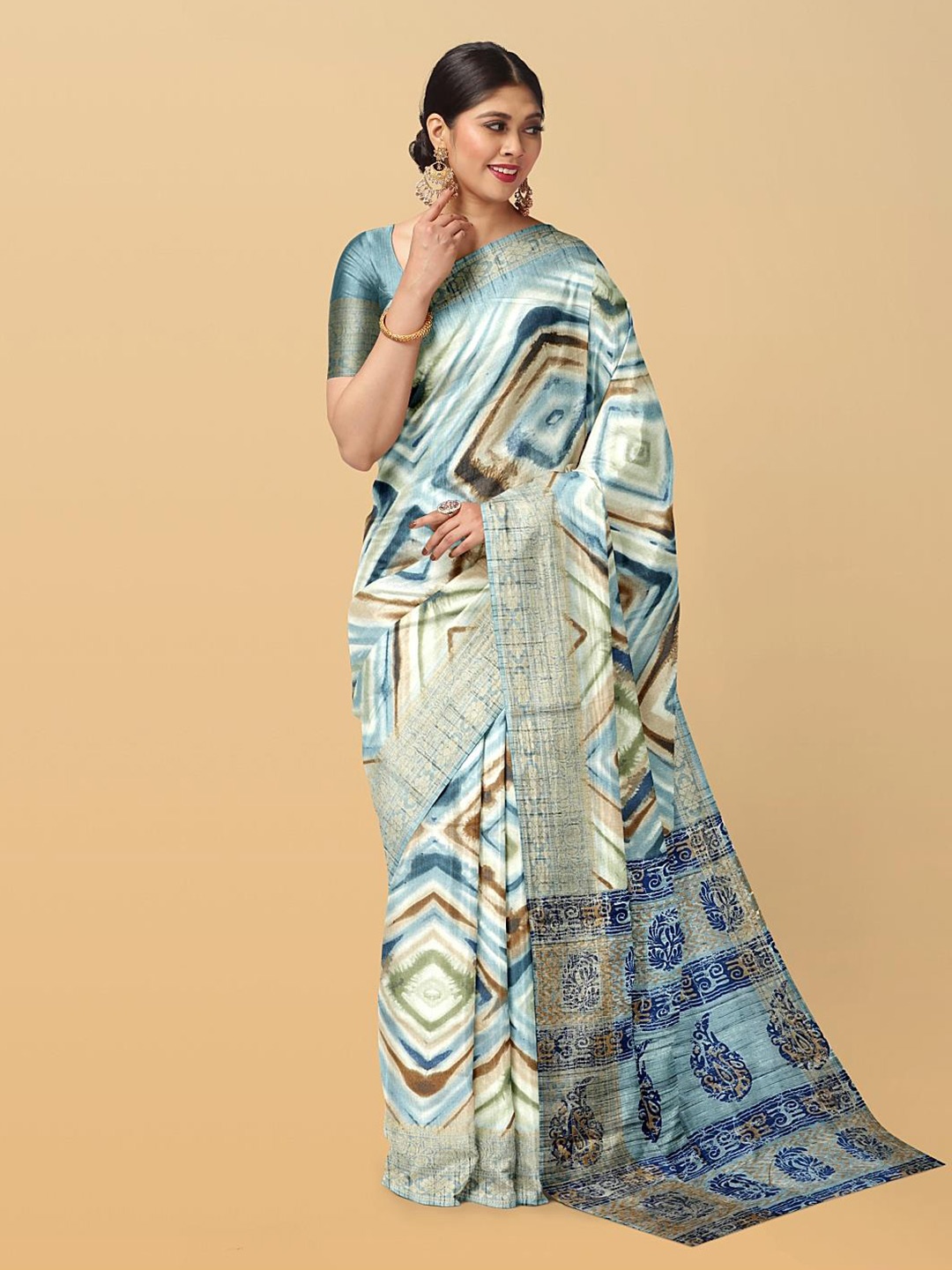 

Kalamandir Geometric Printed Zari Saree, Cream