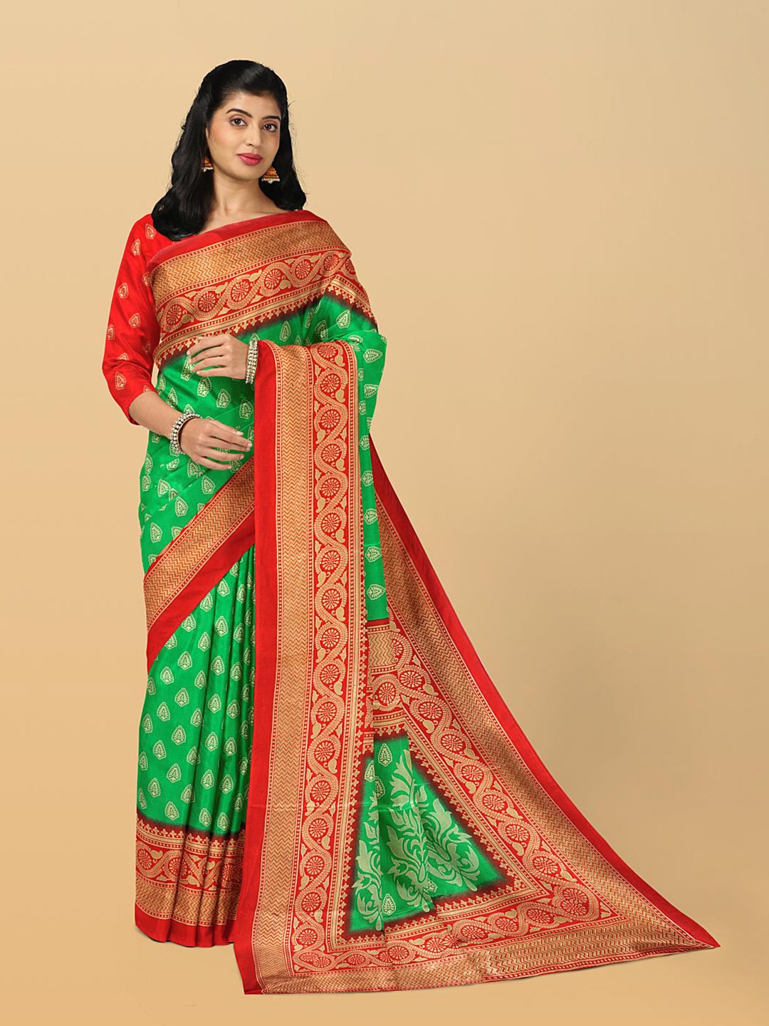 

Kalamandir Ethnic Motifs Woven Design Pure Crepe Saree, Green