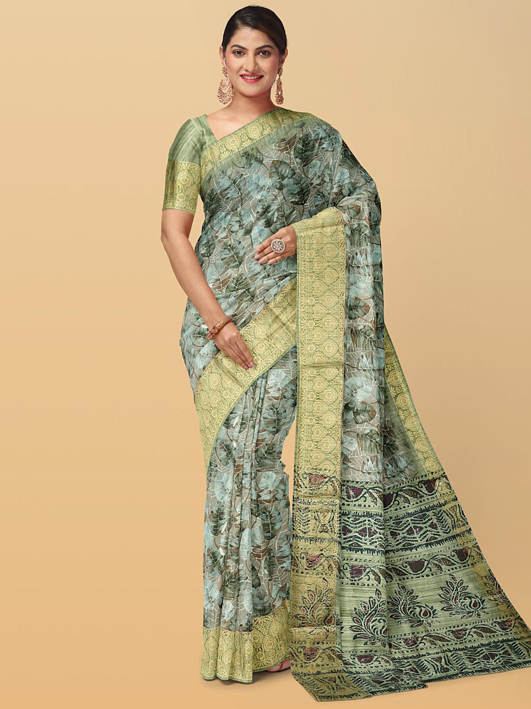 

Kalamandir Floral Printed Zari Saree, Green