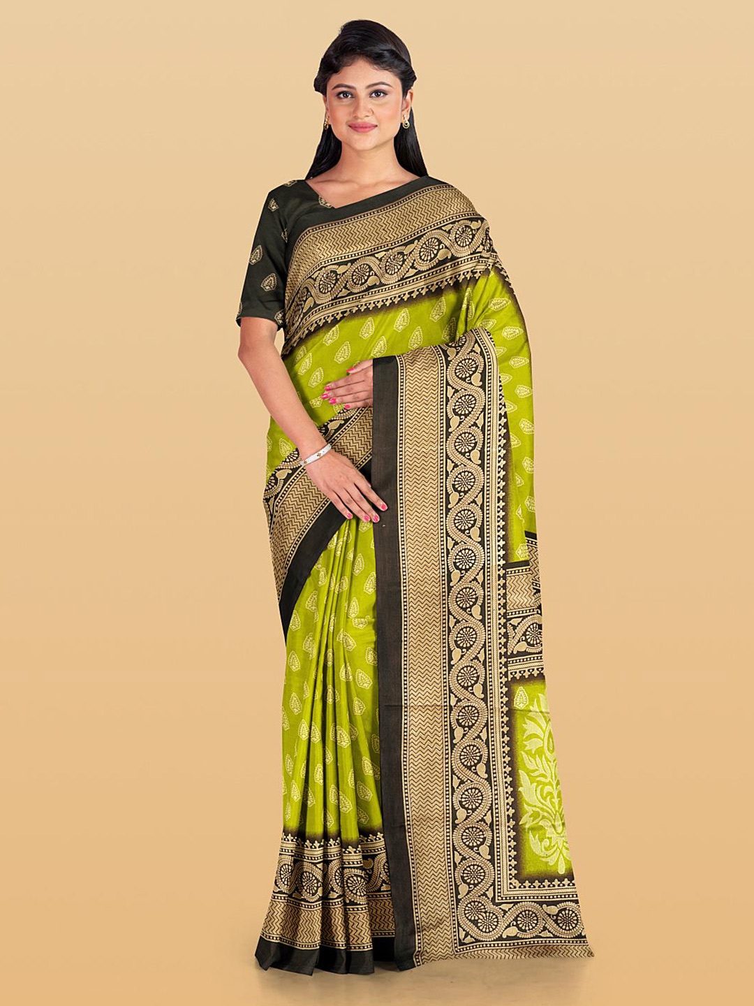 

Kalamandir Ethnic Motifs Woven Design Zari Saree, Olive
