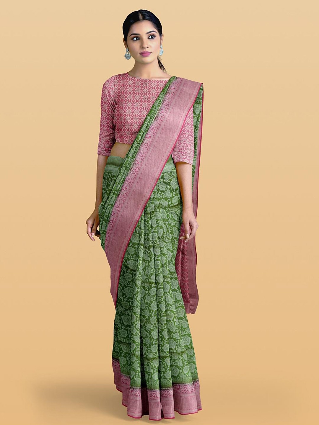 

Kalamandir Ethnic Motifs Woven Design Zari Saree, Green